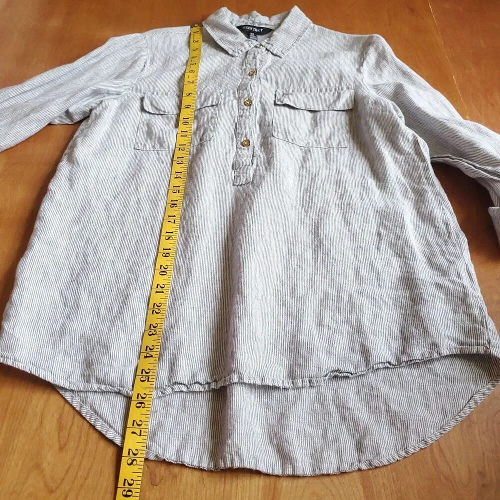 Ellen Tracy 100% Linen Popover Top Womens M Adjustable Sleeve Thin Striped